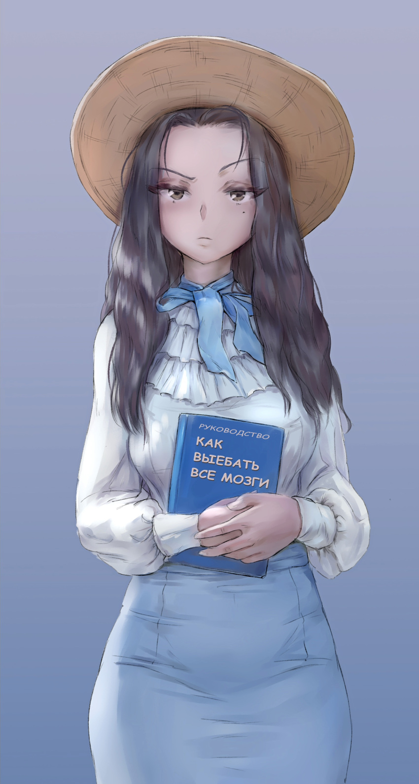 1girl, absurdres, blue_background, blue_neckwear, blue_skirt, book, brown_eyes, brown_hair