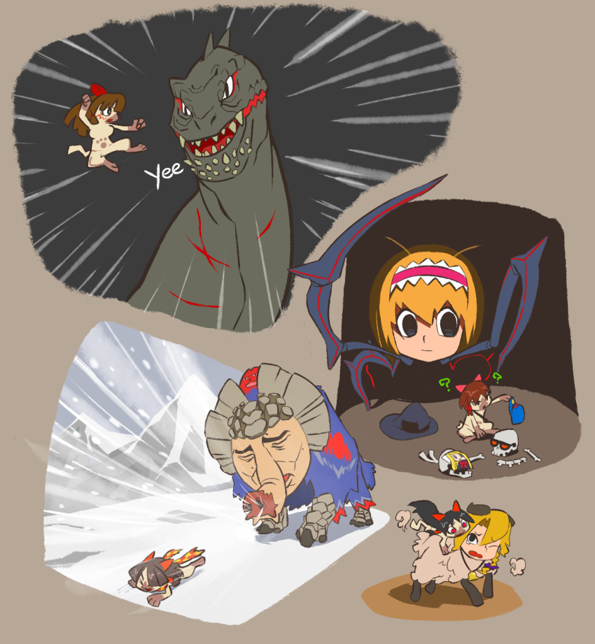 2boys, 5girls, ?, alice_margatroid, bangs, baseball_cap, benikurage_(cookie), black_eyes