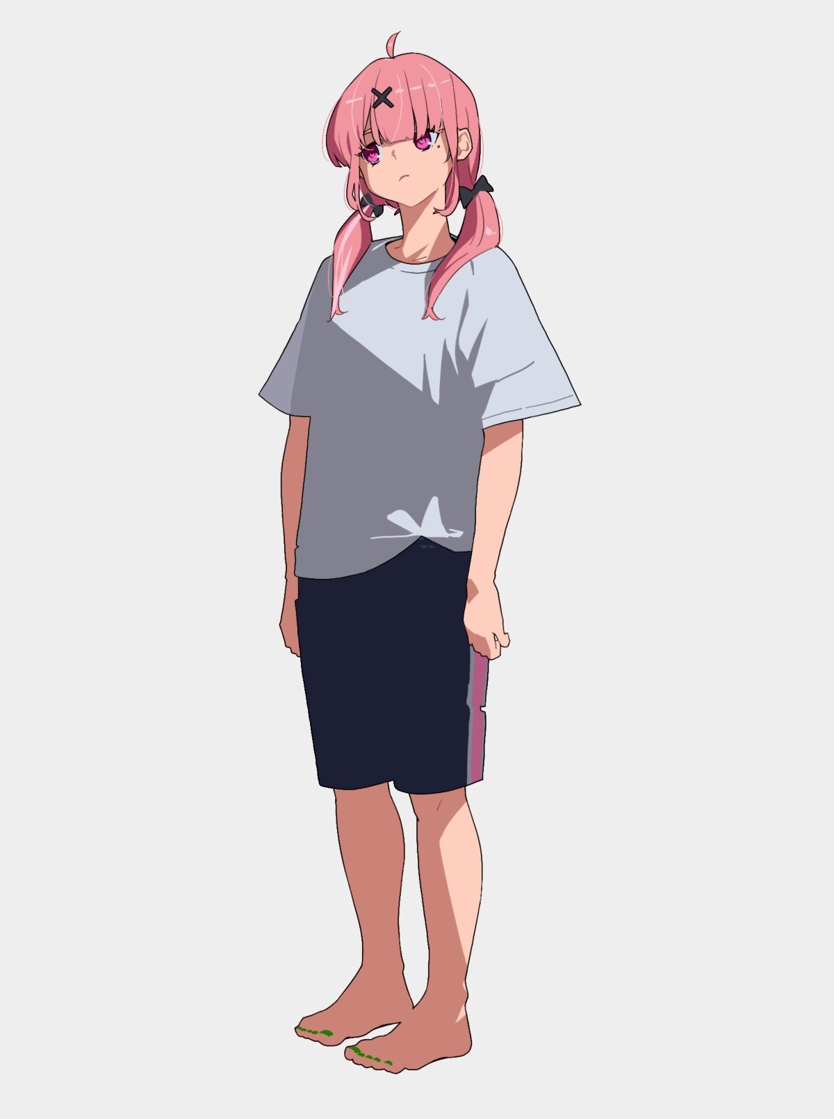 1girl, ahoge, bangs, barefoot, black_bow, black_shorts, bow, closed_mouth