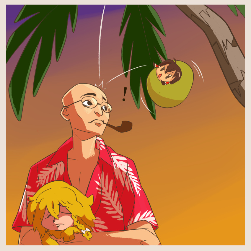 !, 1boy, 2girls, bald, bangs, black-framed_eyewear, black_eyes, blonde_hair