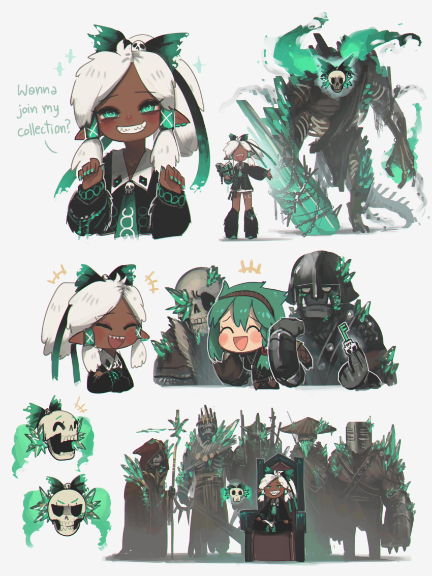 2girls, :d, ^_^, absurdres, braid, cecile_(porforever), chain, closed_eyes, commentary, dark-skinned_female, dark_skin, ear_clip, english_commentary, english_text, floating_skull, green_eyes, green_hair, green_nails, grin, hair_ornament, hair_tubes, hairband, helm, helmet, highres, key, multiple_boys, multiple_girls, necromancer, open_mouth, original, pointy_ears, ponytail, porforever, sharp_teeth, side_braid, simple_background, sitting, skeleton, skull, skull_hair_ornament, smile, staff, teeth, throne, twintails, white_background, white_hair
