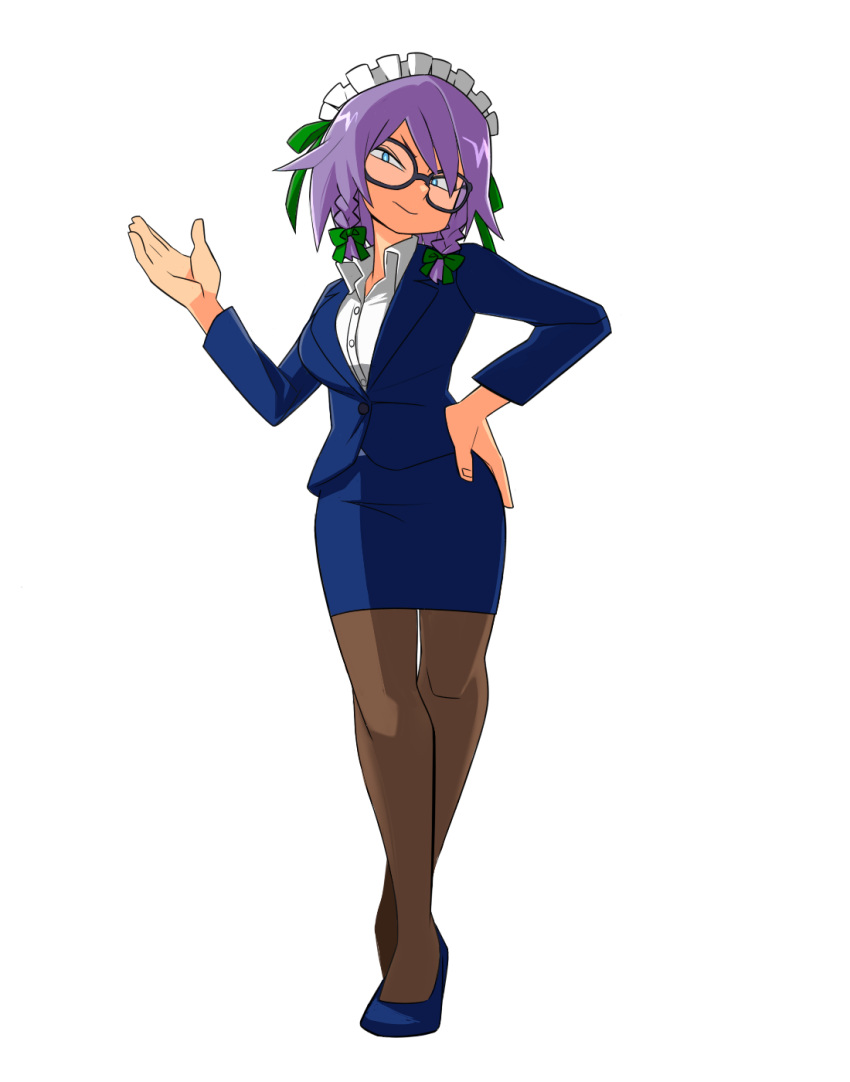 1girl, bangs, black-framed_eyewear, black_legwear, blazer, blue_eyes, blue_footwear, blue_jacket