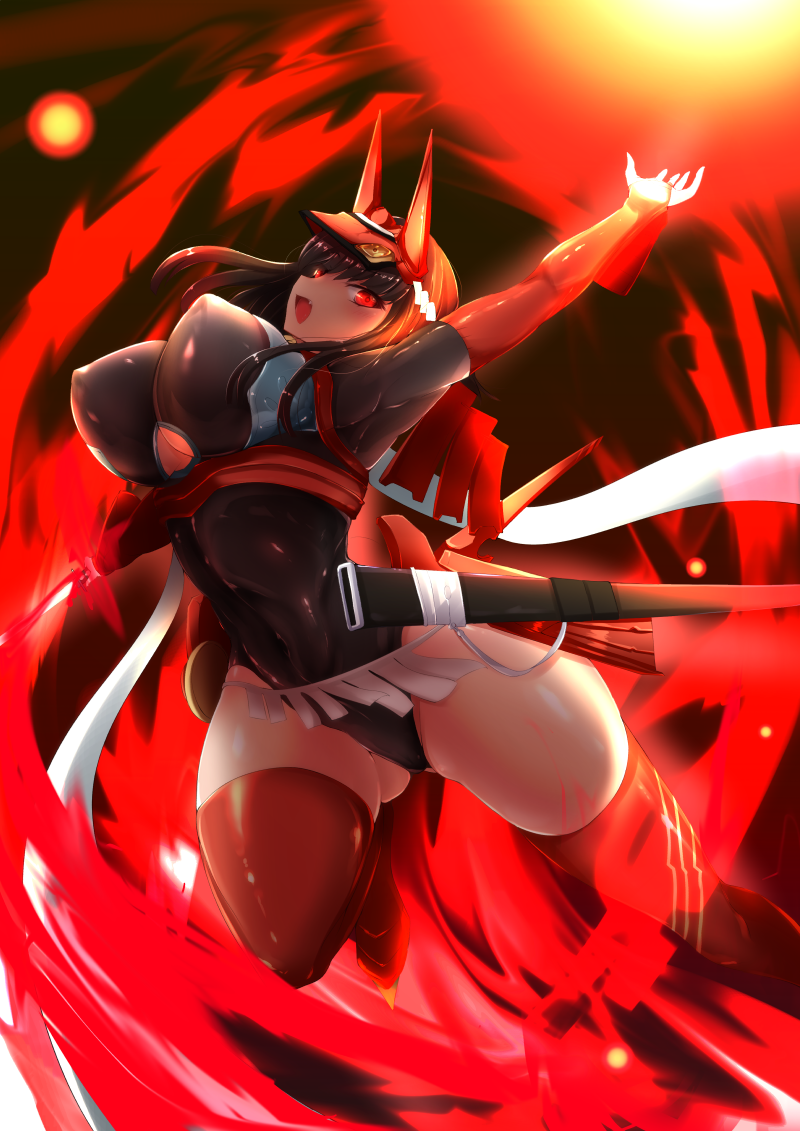 1girl, alternate_breast_size, arm_up, black_hair, bodysuit, boots, breasts, bright_pupils, commentary_request, doujigiri_yasutsuna, fang, headgear, hijiki_senpai, large_breasts, open_hand, open_mouth, red_eyes, red_footwear, red_legwear, sheath, short_hair, solo, tagme, tenka_hyakken, thigh-highs, thigh_boots