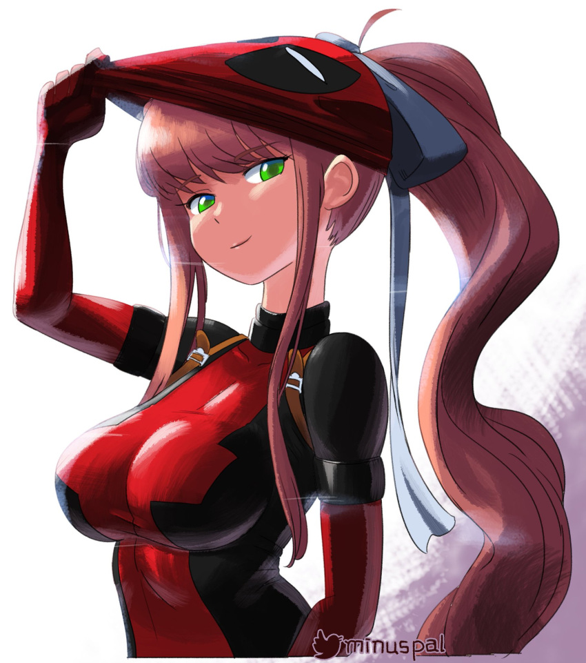 1girl, bodysuit, breasts, brown_hair, cosplay, crossover, deadpool, deadpool_(cosplay)