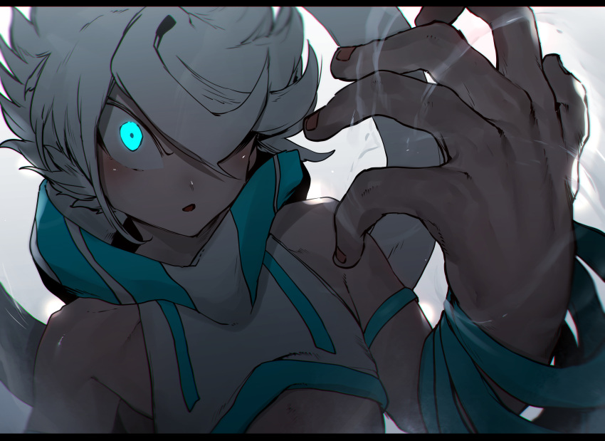 1boy, absurdres, blue_eyes, euros_(niwarhythm), fingernails, glowing_eyes, hair_over_one_eye, hand_up