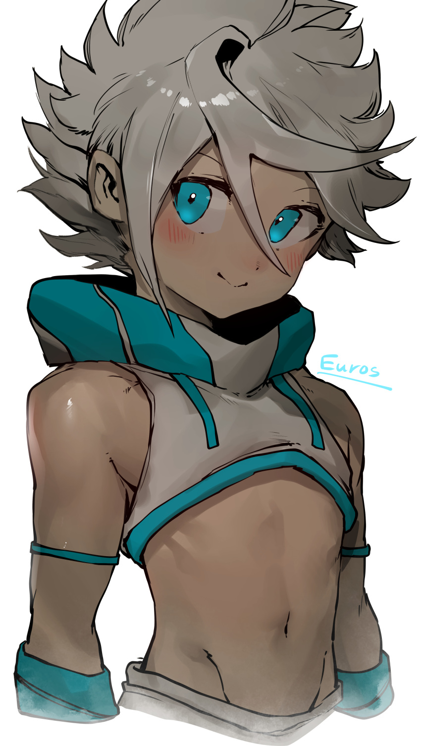 1boy, absurdres, bare_shoulders, blue_eyes, blush, character_name, closed_mouth, euros_(niwarhythm), grey_hair, hair_between_eyes, highres, looking_at_viewer, male_focus, niwarhythm, original, short_hair, simple_background, smile, solo, upper_body, white_background
