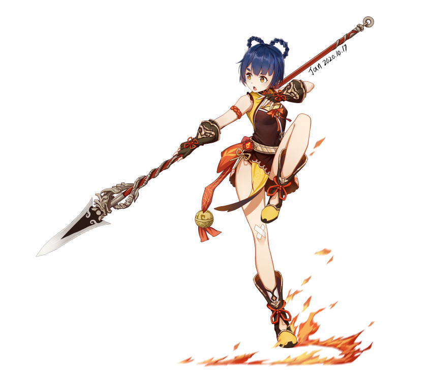 1girl, bandaid, bandaid_on_knee, bare_shoulders, black_footwear, black_gloves, boots, breasts, chinese_clothes, dark_blue_hair, fingerless_gloves, fire, full_body, genshin_impact, gloves, hair_rings, highres, holding, holding_polearm, holding_spear, holding_weapon, huoweijian, knee_up, looking_to_the_side, open_mouth, polearm, short_hair, simple_background, small_breasts, solo, spear, thick_eyebrows, vision_(genshin_impact), weapon, white_background, xiangling_(genshin_impact), yellow_eyes