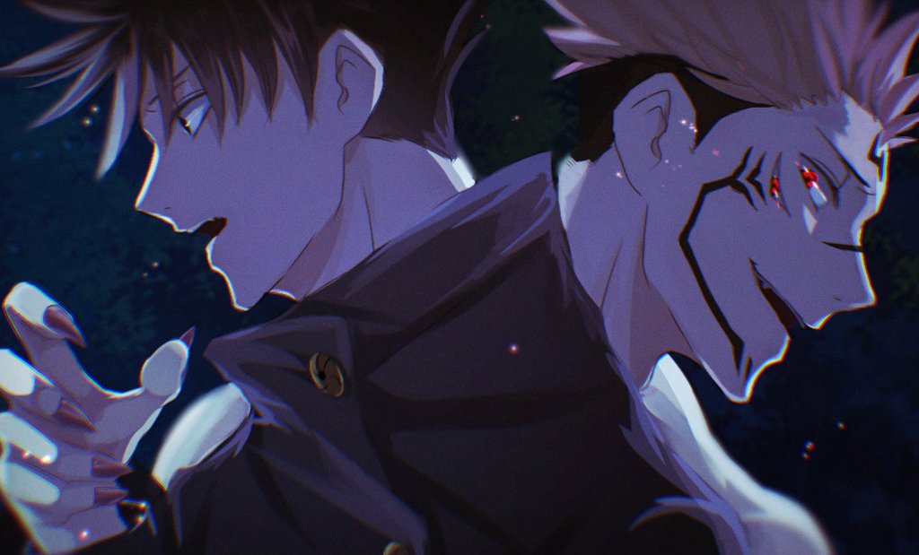 2boys, black_background, black_eyes, black_hair, black_jacket, extra_eyes, facial_tattoo, fingernails