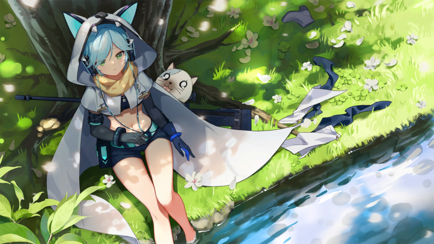 1girl, animal_ears, animal_hood, artist_request, bandeau, belt, belt_pouch, black_gloves