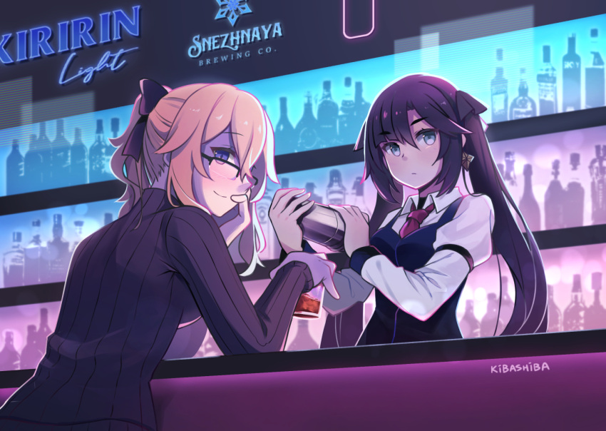 2girls, alcohol, alma_armas, alma_armas_(cosplay), alternate_costume, arm_support, artist_name, bangs, bartender, bespectacled, black_hair, blue_eyes, bottle, bow, commentary, cosplay, counter, cup, drink, drinking_glass, earrings, eyebrows_visible_through_hair, genshin_impact, glasses, grey_eyes, hair_between_eyes, hair_bow, hair_ribbon, head_rest, holding, holding_cup, jean_(genshin_impact), jewelry, jill_stingray, jill_stingray_(cosplay), kibashiba, light_brown_hair, long_hair, long_sleeves, looking_at_viewer, mona_(genshin_impact), multiple_girls, necktie, ponytail, ribbon, semi-rimless_eyewear, sidelocks, sitting, smile, tavern, twintails, va-11_hall-a, wine_bottle