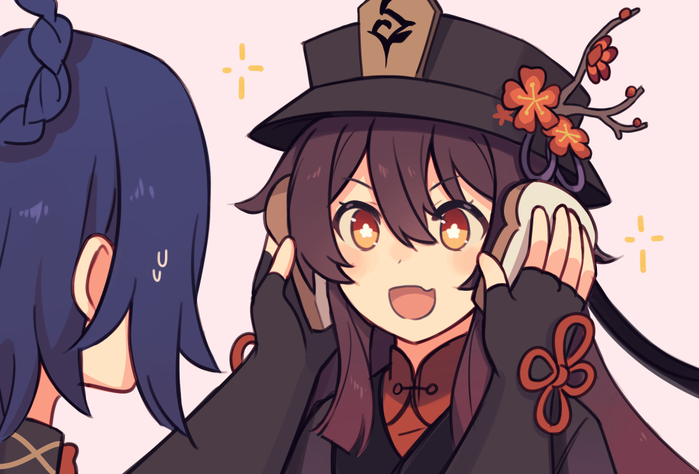 2girls, :d, bangs, black_gloves, blue_hair, braid, bread_slice, brown_hair, chinese_clothes, commentary, english_commentary, eyebrows_visible_through_hair, fingerless_gloves, flower, flower-shaped_pupils, food, genshin_impact, gloves, gordon_ramsay, hair_between_eyes, hair_flower, hair_ornament, hair_rings, hat, hat_flower, hat_ornament, hell's_kitchen, holding, holding_food, hu_tao_(genshin_impact), idiot_sandwich, kibashiba, long_hair, long_sleeves, looking_at_another, meme, multiple_girls, open_mouth, orange_eyes, red_flower, short_hair, simple_background, smile, sweat, symbol-shaped_pupils, toast, twin_braids, twintails, v-shaped_eyebrows, xiangling_(genshin_impact)