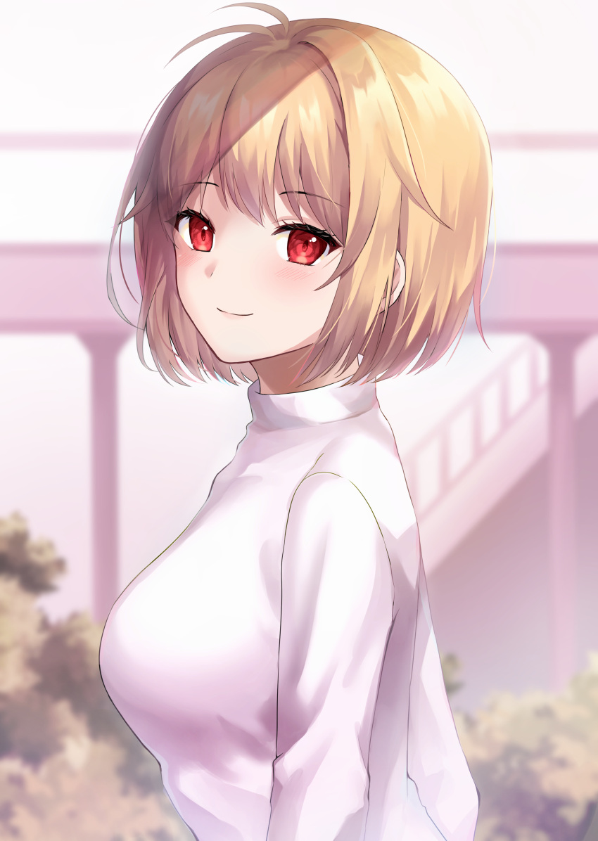 1girl, absurdres, antenna_hair, arcueid_brunestud, bangs, blonde_hair, blurry, blush