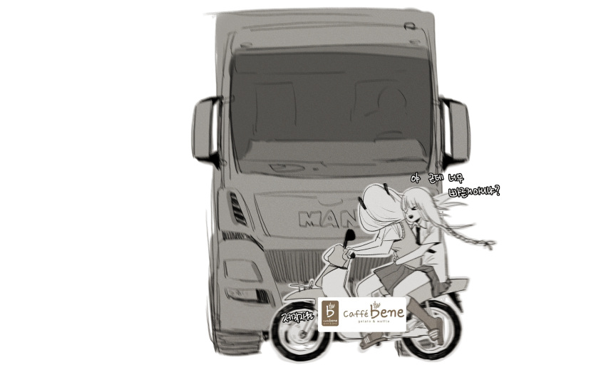 >_<, 2girls, :d, beak_(girls'_frontline), driving, girls_frontline, ground_vehicle, highres, huqu, korean_text, long_hair, m16a1_(girls'_frontline), miniskirt, motor_vehicle, multiple_girls, open_mouth, pleated_skirt, scooter, simple_background, skirt, smile, sweater_vest, truck, twintails, white_background