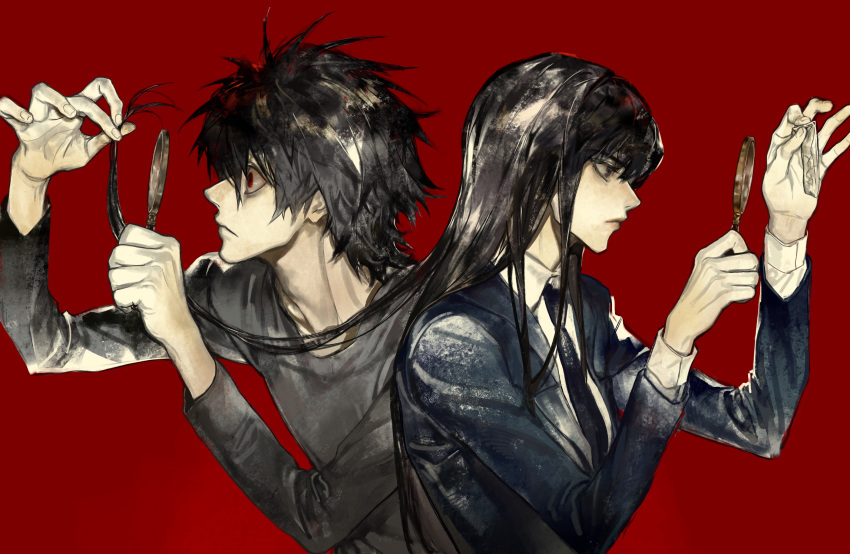 1boy, 1girl, back-to-back, bags_under_eyes, beyond_birthday, black_eyes, black_hair, black_shirt