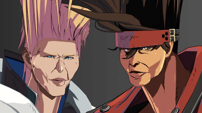 2boys, blonde_hair, blue_eyes, brown_background, brown_eyes, brown_hair, grichka_bogdanoff, guilty_gear