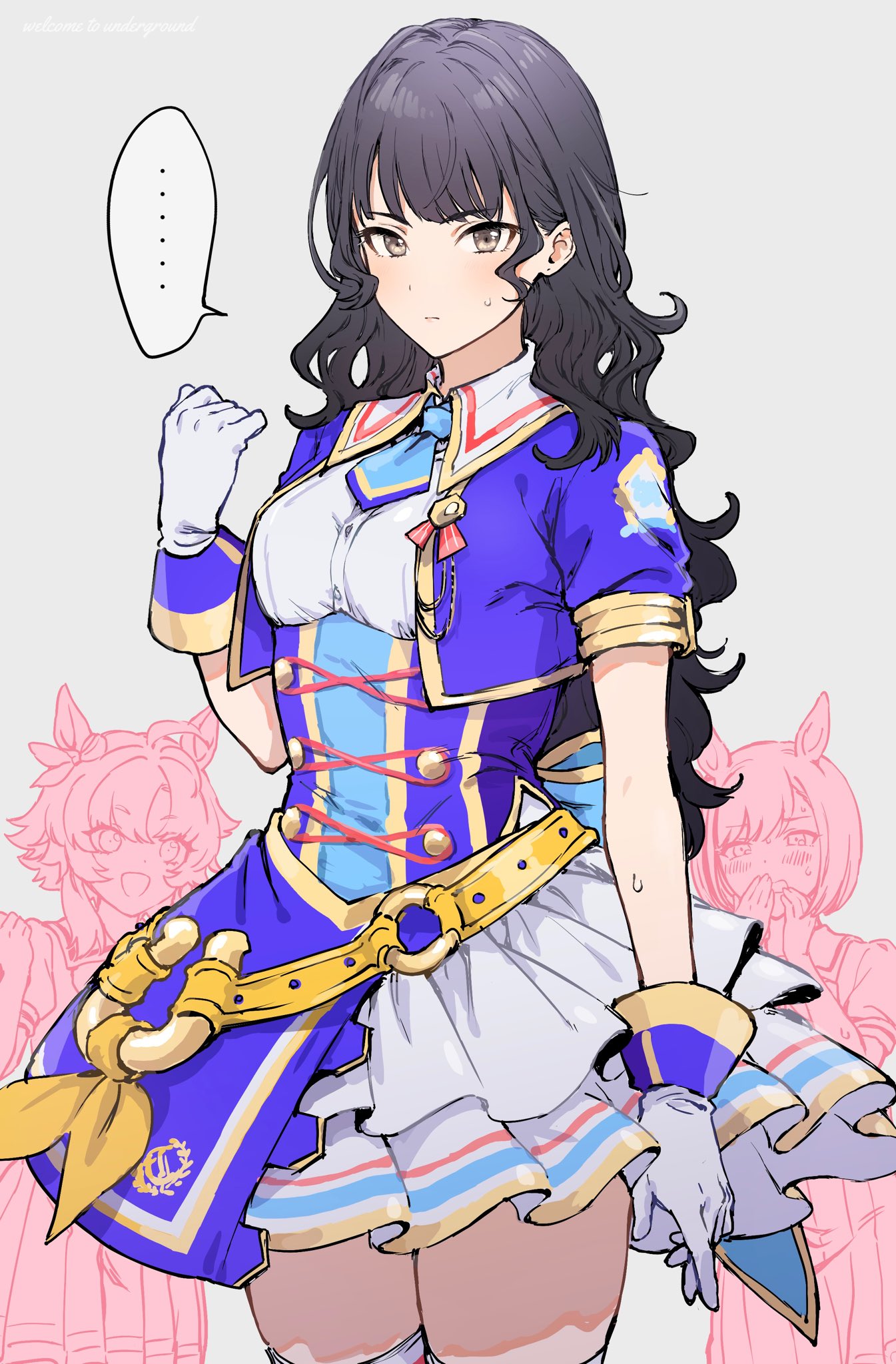 ..., 3girls, animal_ears, bitter_glasse_(umamusume), black_hair, blush, bow, breasts