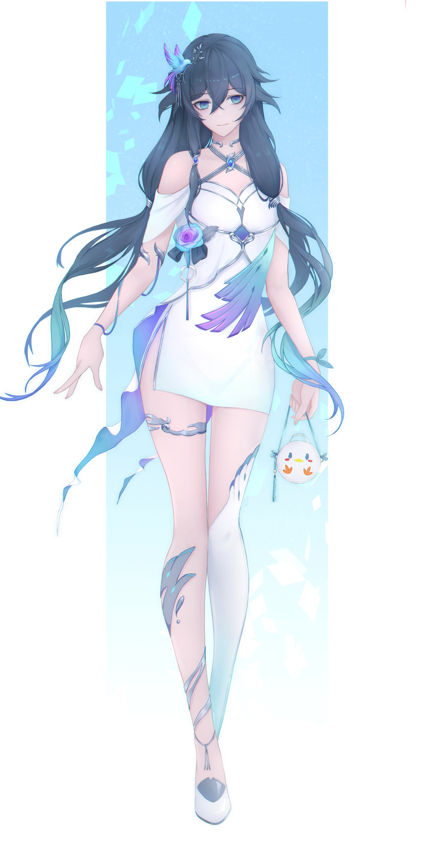 1girl, absurdres, bag, bangs, bare_shoulders, black_hair, blue_eyes, border