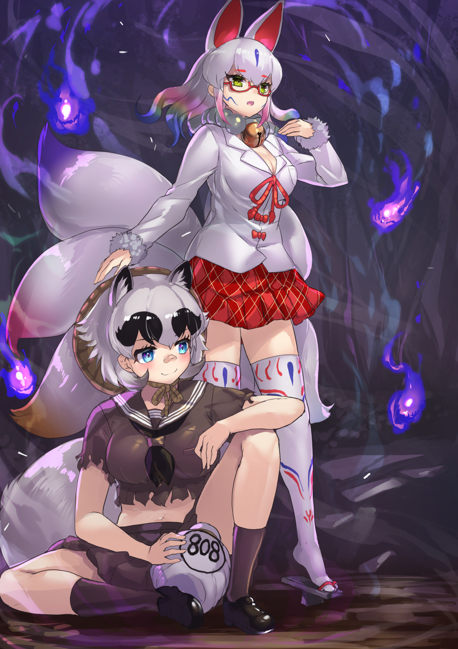 2girls, animal_ear_fluff, animal_ears, bandaid, bandaid_on_nose, bell, black_footwear, black_hair