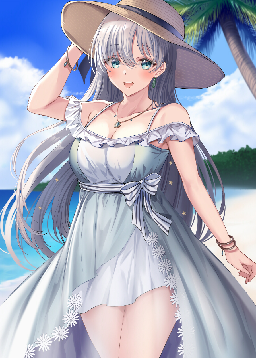 1girl, anastasia_(fate), anastasia_(swimsuit_archer)_(fate), bangs, bare_shoulders, beach, blue_dress, blue_eyes