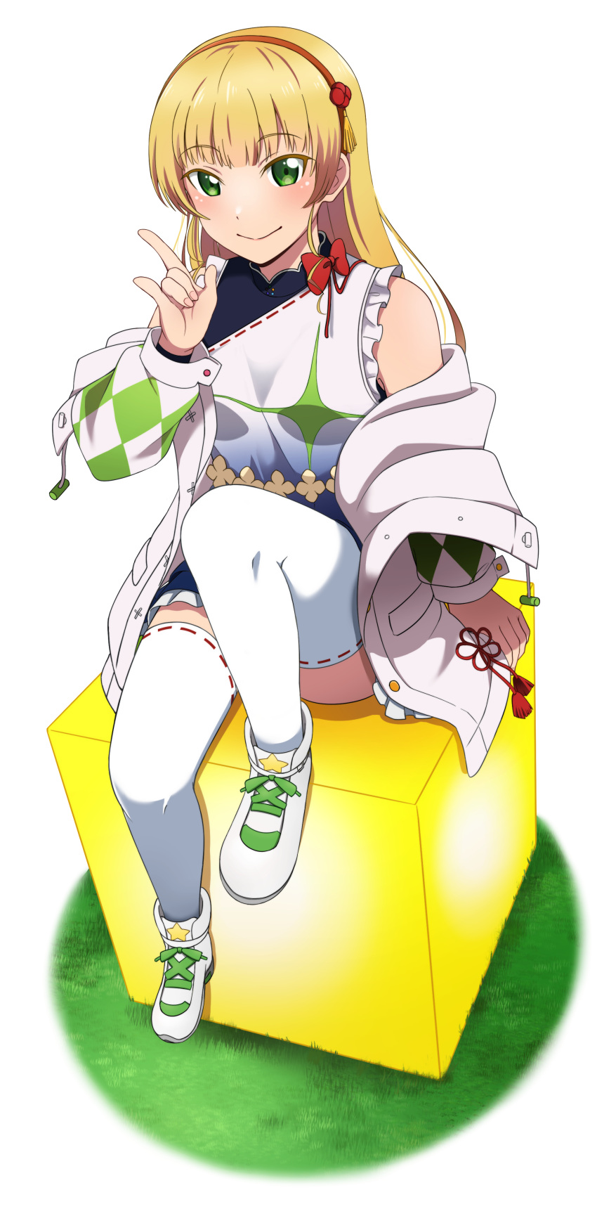 1girl, absurdres, argyle, bangs, bare_shoulders, blonde_hair, blunt_bangs, cube