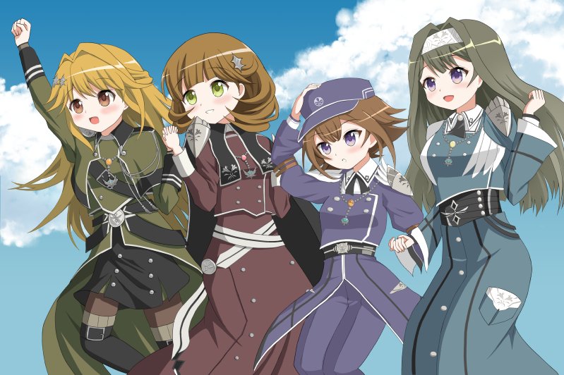 4girls, bangs, blonde_hair, blush, breasts, duel_monster, exorsister_elaine, exorsister_elise, exorsister_sophia, exorsister_stella, long_hair, medium_hair, nagaou2018, silver_hair, yuu-gi-ou