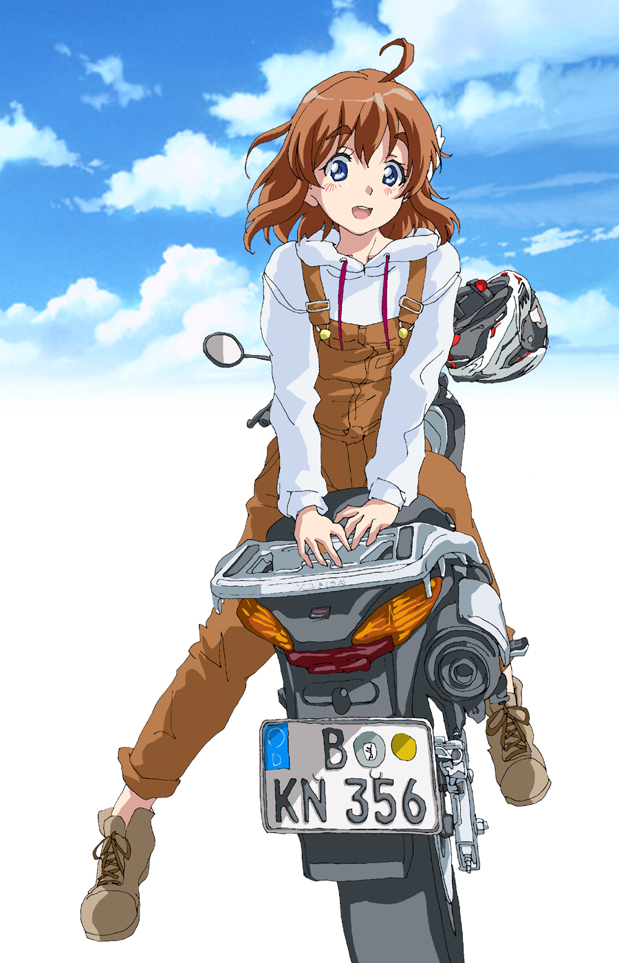 1girl, bakuon!!, blue_eyes, blue_sky, brown_hair, brown_overalls, clouds, cloudy_sky