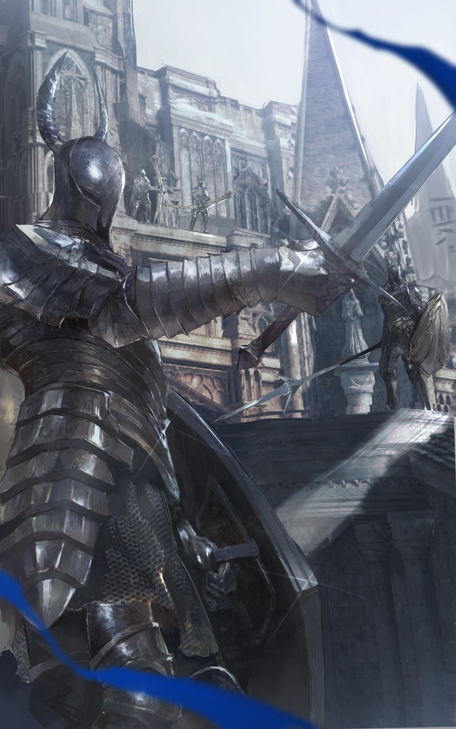 4others, ambiguous_gender, armor, blue_ribbon, bow, bow_(weapon), building, dark_souls_(series)