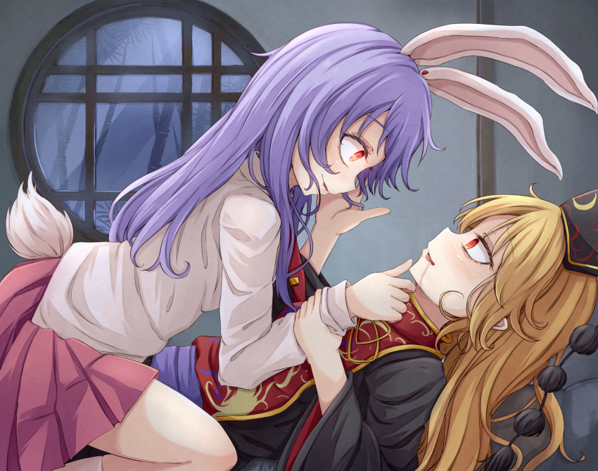 2girls, :d, @_@, animal_ears, arm_grab, black_dress, blush, collared_shirt