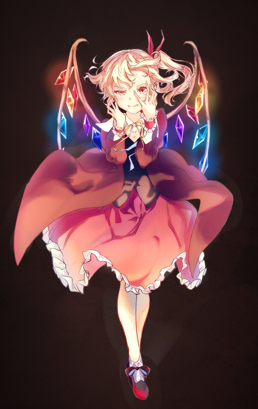 1girl, bangs, black_background, blonde_hair, collarbone, commentary, crystal, dress