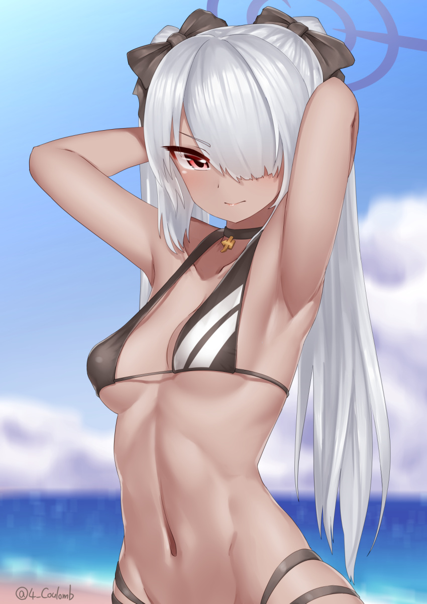 1girl, armpits, arms_behind_head, bikini, black_bikini, blue_archive, blue_sky, breasts, choker, clouds, dark-skinned_female, dark_skin, hair_over_one_eye, halo, highres, iori_(blue_archive), looking_at_viewer, navel, outdoors, red_eyes, silver_hair, sky, solo, swimsuit, twintails, yonkuron