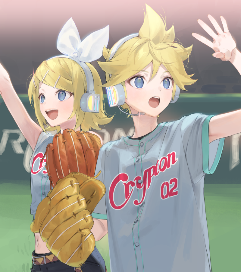 1boy, 1girl, arm_up, bangs, baseball_mitt, baseball_stadium, baseball_uniform, belt