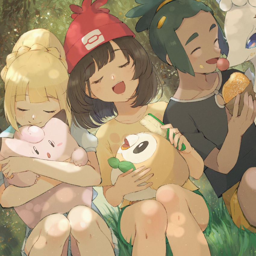 1boy, 2girls, bangs, beanie, black_shirt, blonde_hair, blush, braid