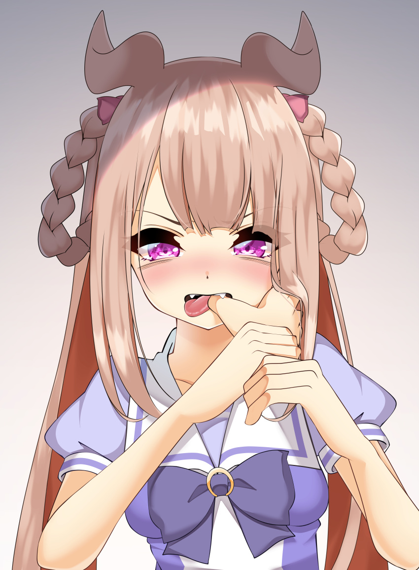 1girl, absurdres, aliceindollland, annoyed, arm_grab, bangs, blue_neckwear, blue_shirt