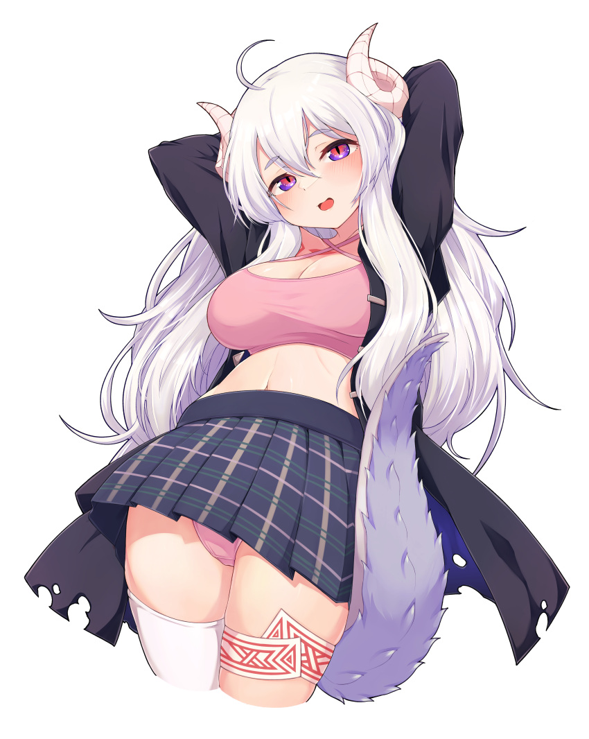 1girl, absurdres, ahoge, arms_behind_head, black_jacket, black_skirt, blush, breasts, curled_horns, dragon_girl, dragon_horns, dragon_tail, hair_between_eyes, highres, horns, jacket, large_breasts, leg_garter, long_hair, long_sleeves, looking_at_viewer, navel, open_mouth, original, panties, patenusu, pink_panties, plaid, plaid_skirt, red_eyes, simple_background, single_thighhigh, skirt, solo, tail, thigh-highs, underwear, white_background, white_hair, white_legwear