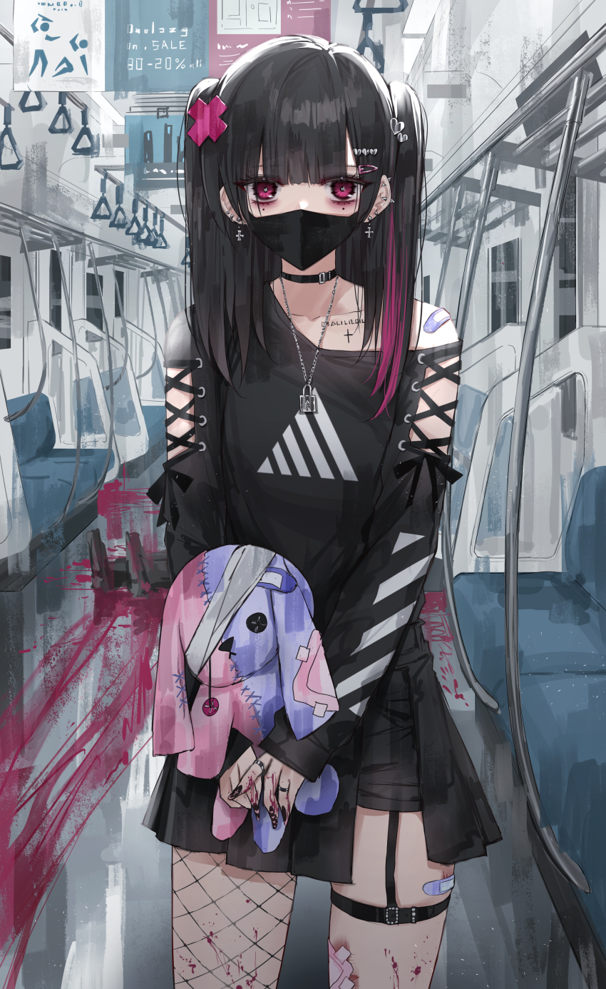 1girl, bandaid, bandaid_on_shoulder, bare_shoulders, black_choker, black_hair, black_nails, black_shirt