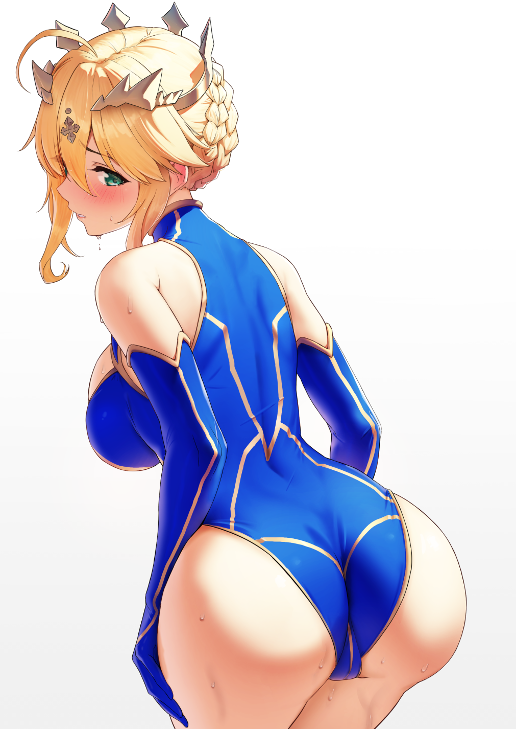 artoria_pendragon_(fate), artoria_pendragon_(lancer)_(fate), ass, bare_shoulders, bent_over, blonde_hair, blue_leotard, blush