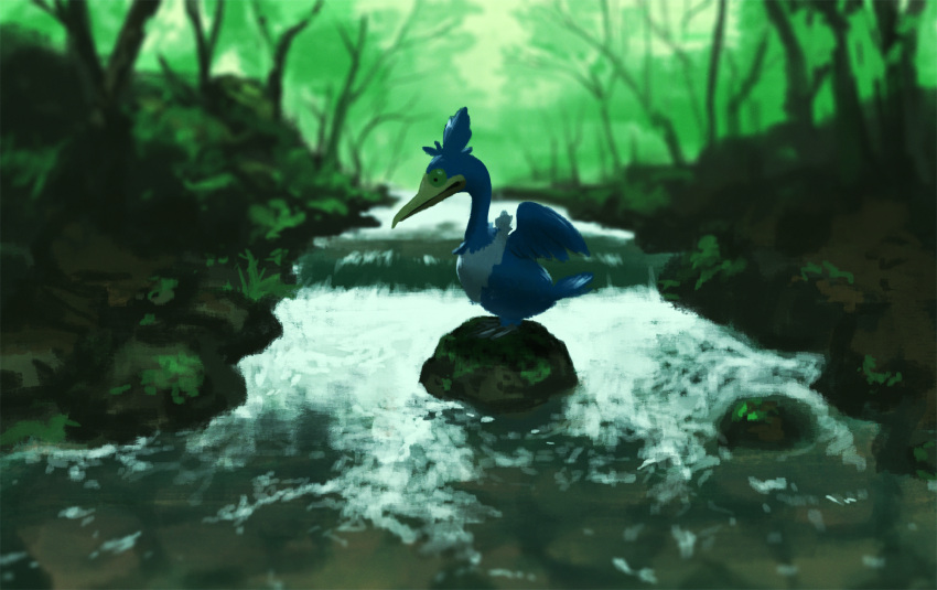 bird, closed_mouth, commentary_request, cramorant, day, forest, from_side, highres