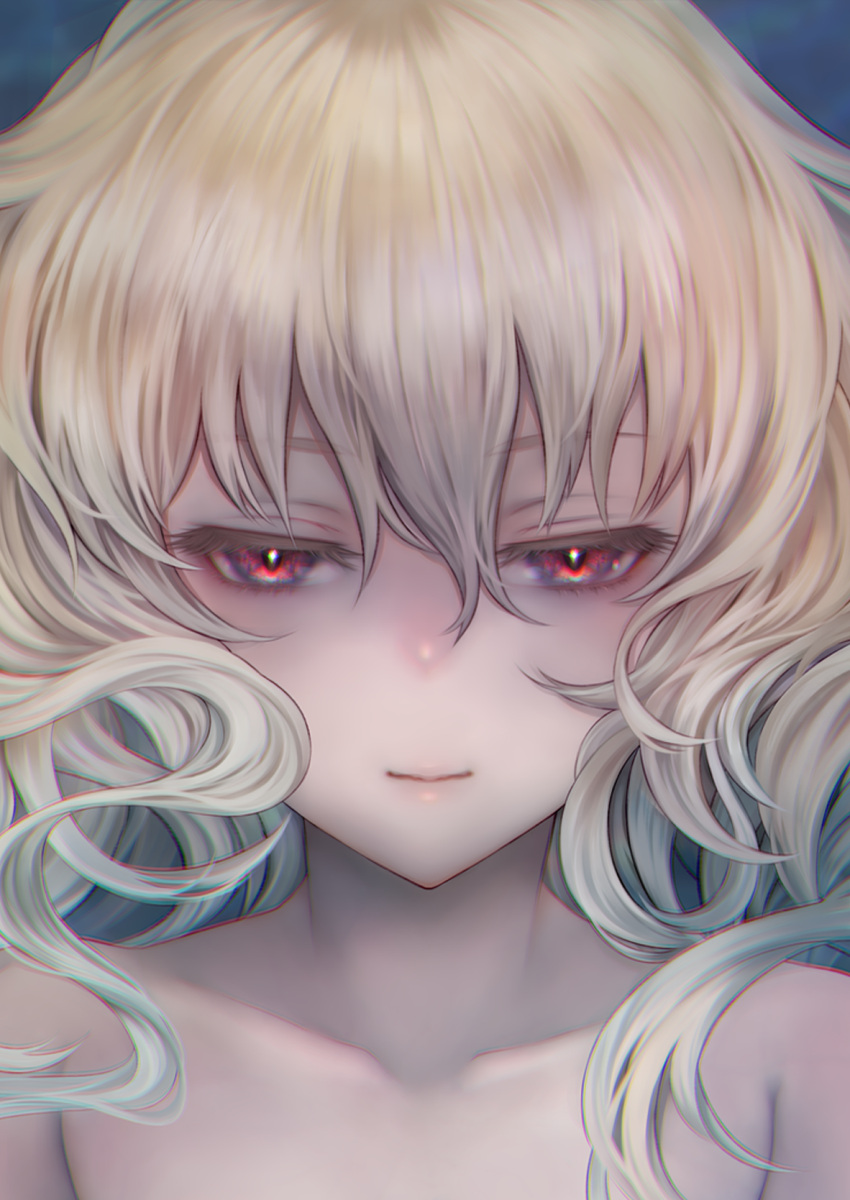 1girl, alternate_hair_length, alternate_hairstyle, bangs, chromatic_aberration, close-up, closed_mouth, collarbone
