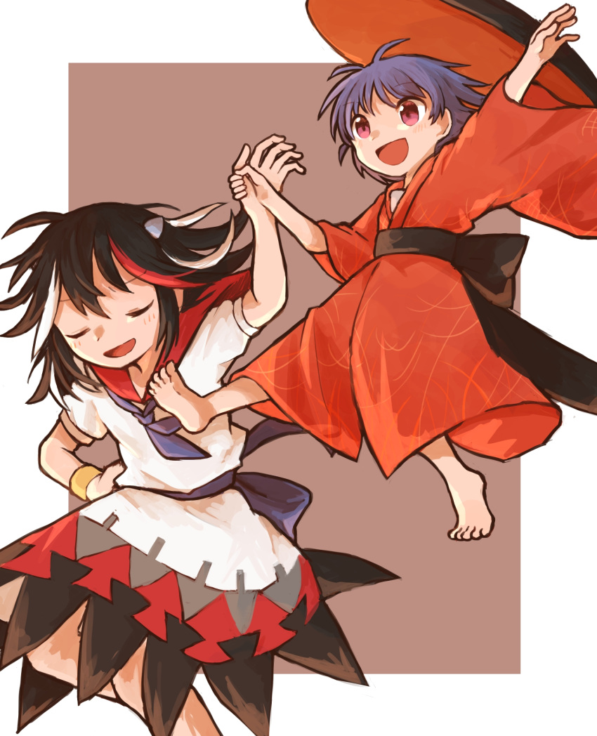 2girls, arm_up, arrow_print, barefoot, black_hair, black_sash, blue_neckwear, blue_ribbon