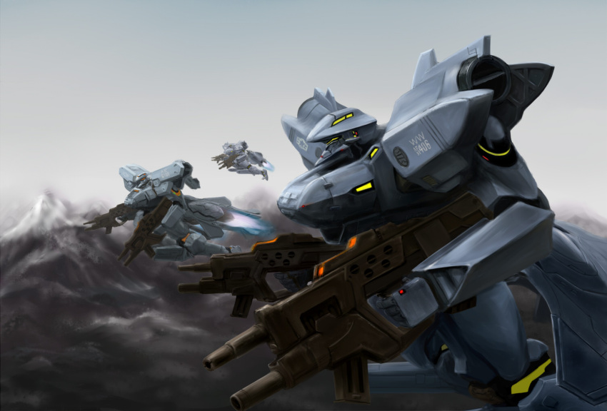 dual_wielding, f-15e_strike_eagle, f-16_fighting_falcon_(muvluv), flying, from_side, gun, holding, holding_gun