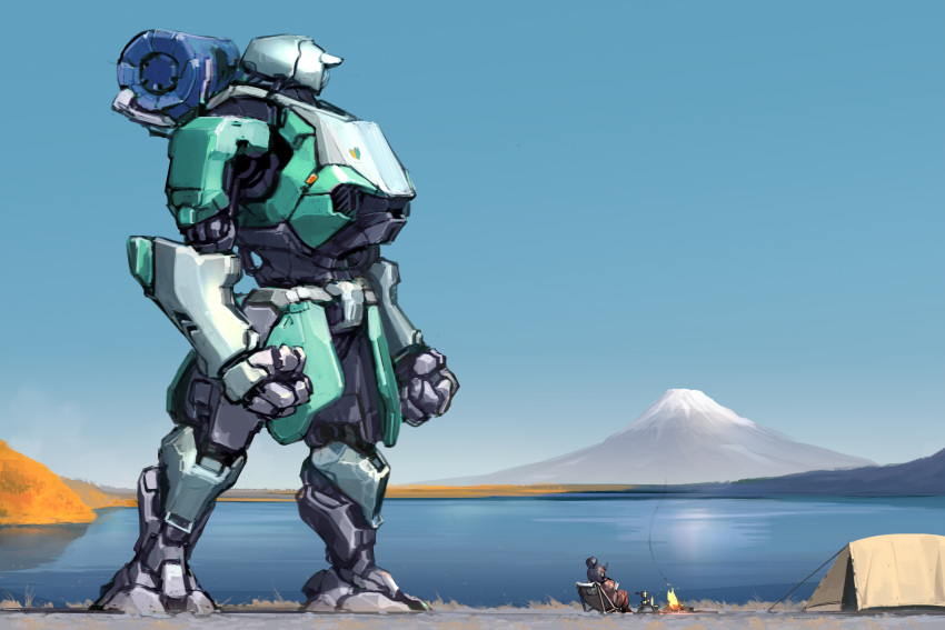 1girl, absurdres, blue_hair, campfire, clenched_hands, hair_bun, highres, ksenolog, lake, mecha, mount_fuji, original, science_fiction, shima_rin, sitting, tent, yurucamp