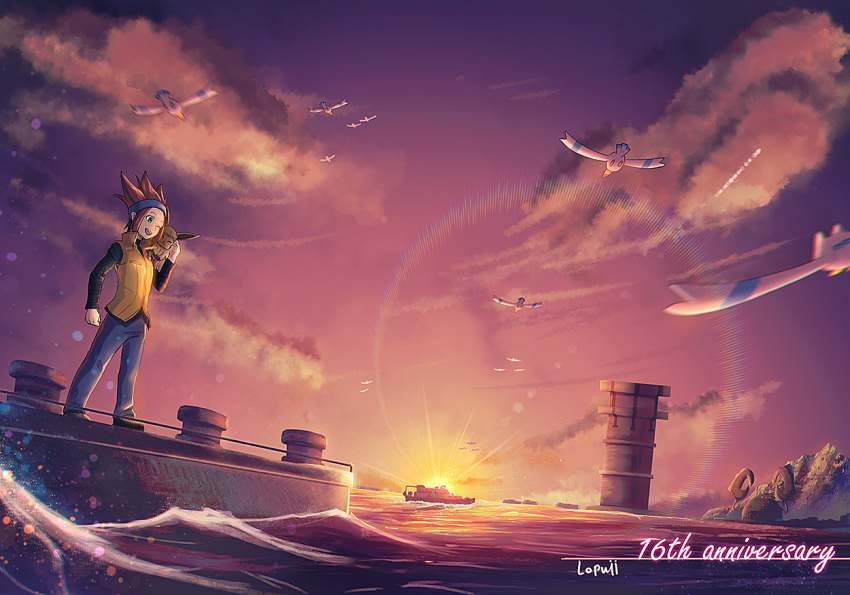 1boy, anniversary, black_shirt, blue_headband, boat, brown_hair, clouds, commentary