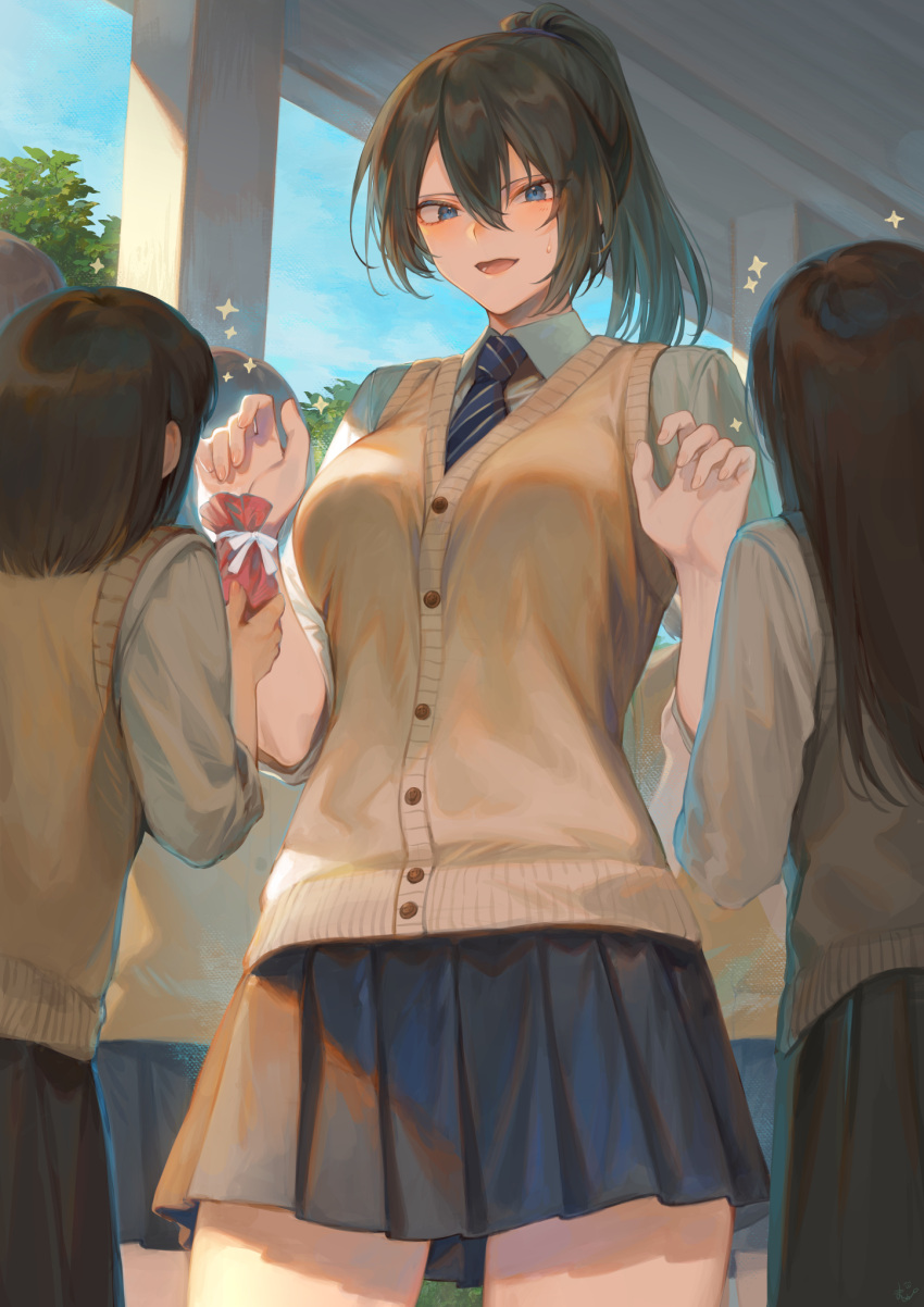 5girls, black_skirt, blue_eyes, breasts, brown_hair, from_below, hair_between_eyes, highres, large_breasts, long_hair, mashuu_(neko_no_oyashiro), multiple_girls, necktie, oomikado_itsuki, original, outdoors, pleated_skirt, school_uniform, shirt, short_hair, skirt, smile, striped, striped_neckwear, sweater_vest, tall_female, thighs, valentine, white_shirt