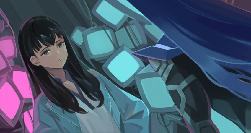 1boy, 1girl, androgynous, armor, bangs, black_hair, blue_eyes, blue_hair, blush, bodysuit, collarbone, feketeriko, isonokami_tao, long_hair, protagonist_(smtv), purple_hair, school_uniform, shin_megami_tensei, shin_megami_tensei_v, simple_background, very_long_hair