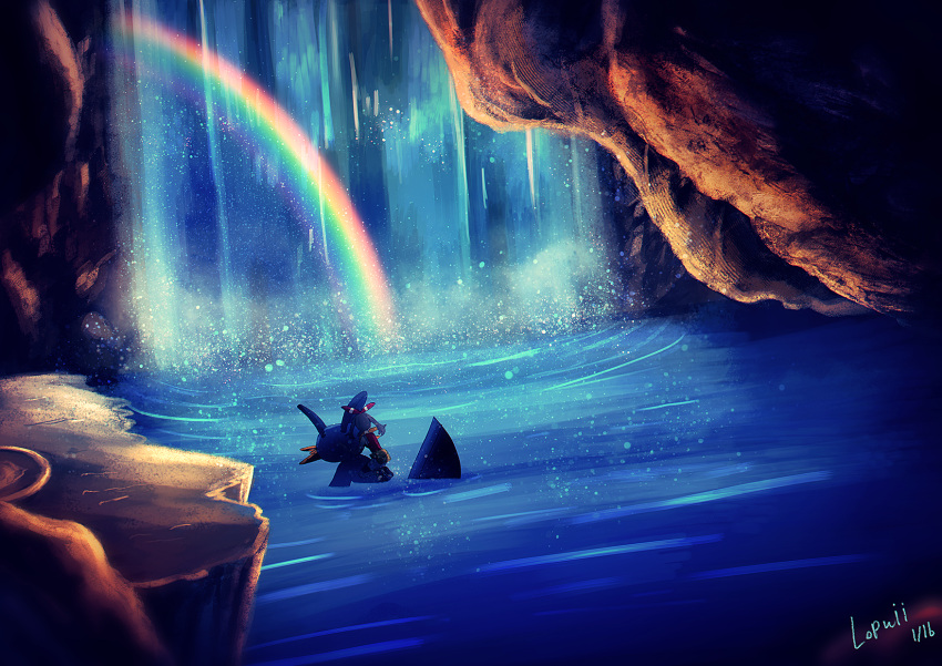 1girl, bike_shorts, bike_shorts_under_shorts, bow_hairband, brown_hair, cave_interior, commentary_request, dated