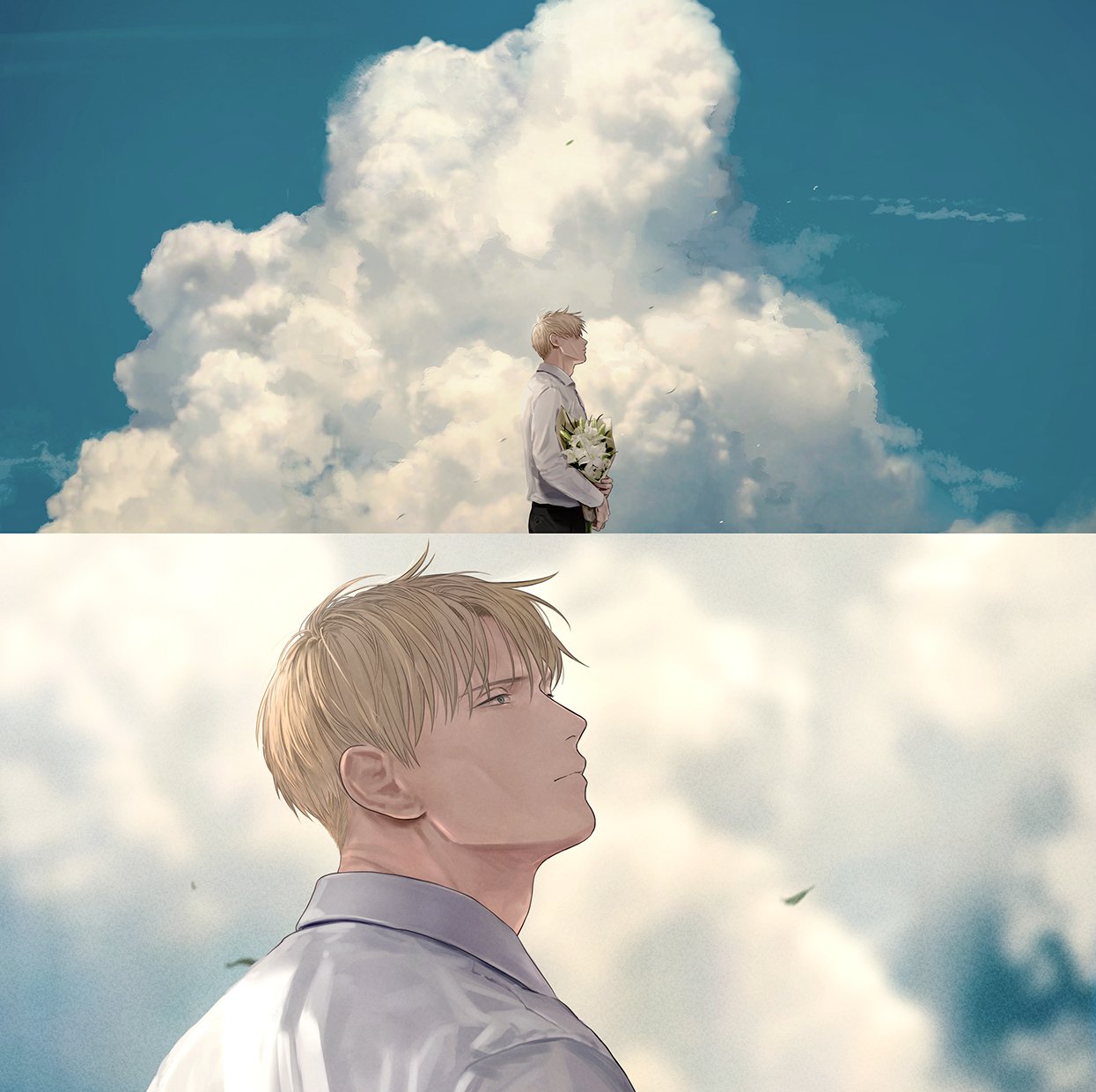 1boy, bangs, black_pants, blonde_hair, blue_eyes, bouquet, closed_mouth, clouds, day, flower, half-closed_eyes, highres, holding, holding_bouquet, jujutsu_kaisen, kuro_(grf), male_focus, mature_male, nanami_kento, outdoors, pants, shirt, short_hair, sky, white_shirt