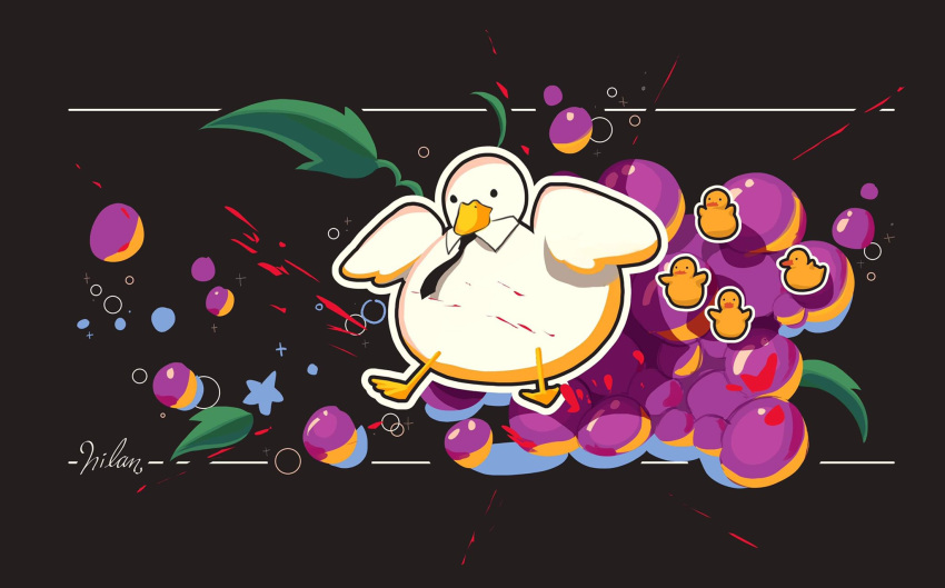 animal, animal_focus, artist_name, bird, black_background, black_neckwear, detached_collar, duck