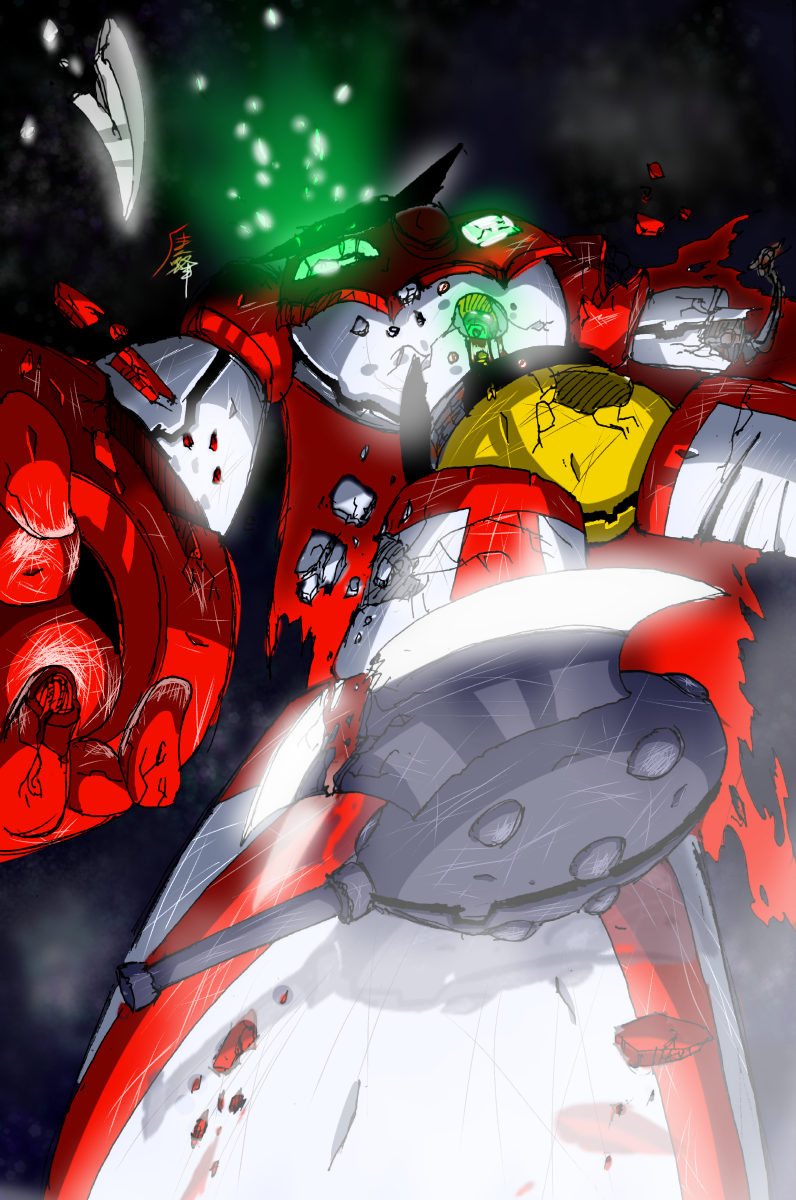 axe, cape, damaged, getter-1, getter_robo, getter_robo_(1st_series), highres, kuman_bachi