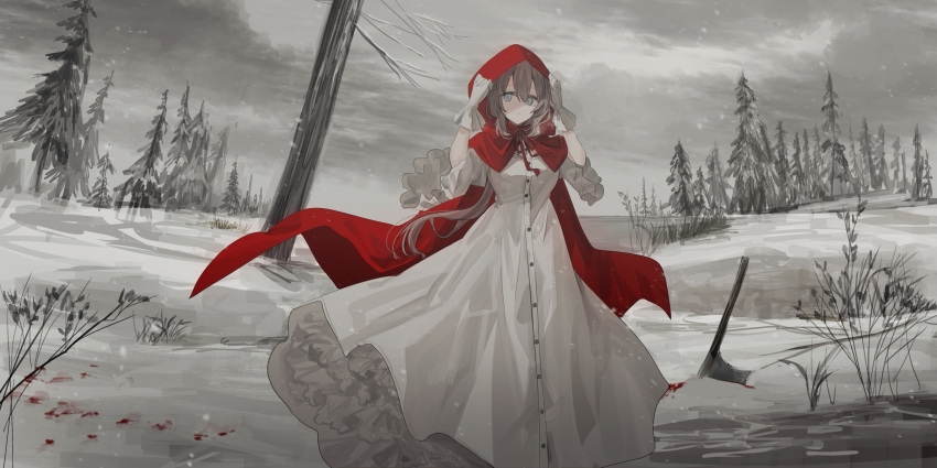 1girl, absurdres, arms_up, axe, bangs, bare_tree, blood, blue_eyes