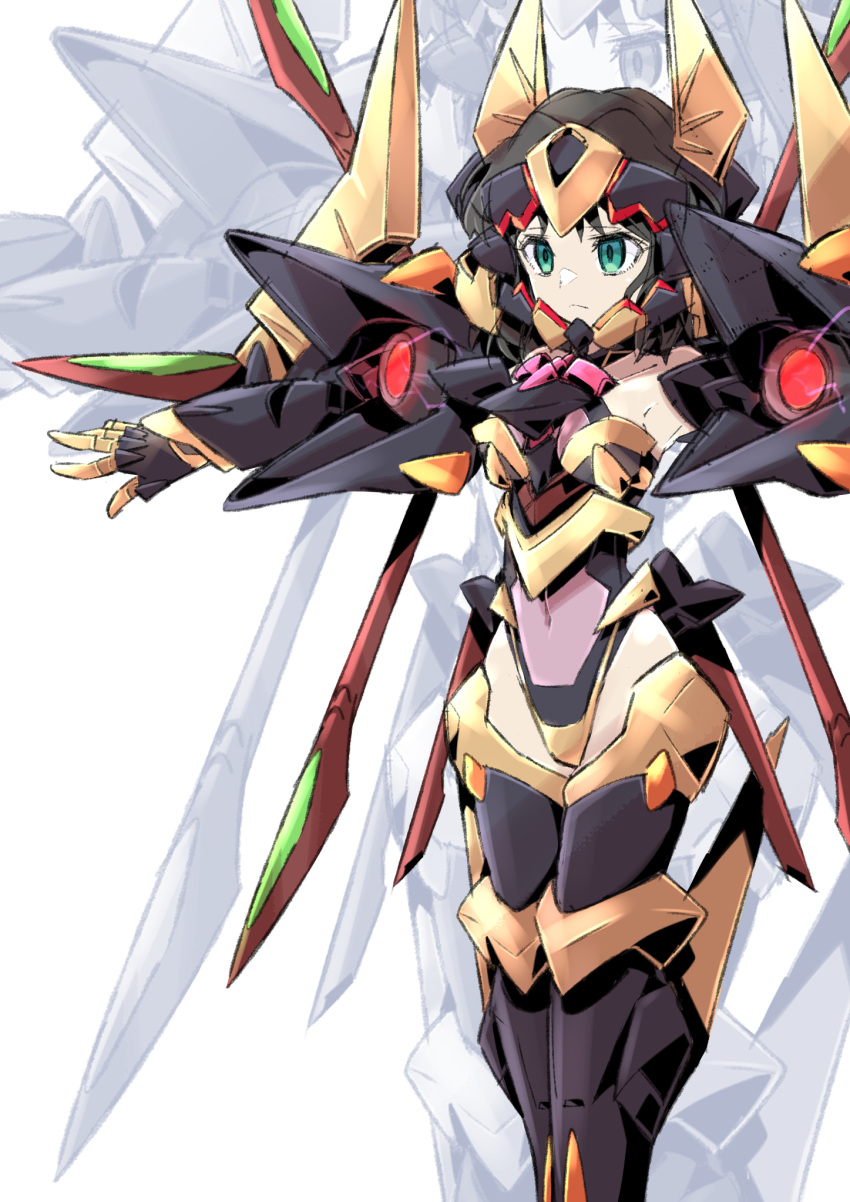 1girl, bangs, black_hair, boots, code_geass, cosplay, covered_navel, gawain_(code_geass), gawain_(code_geass)_(cosplay), green_eyes, highres, kohinata_miku, leotard, looking_ahead, mecha_musume, metal_boots, mutsuki_riichi, open_hand, senki_zesshou_symphogear, solo, t-pose, thigh-highs, thigh_boots